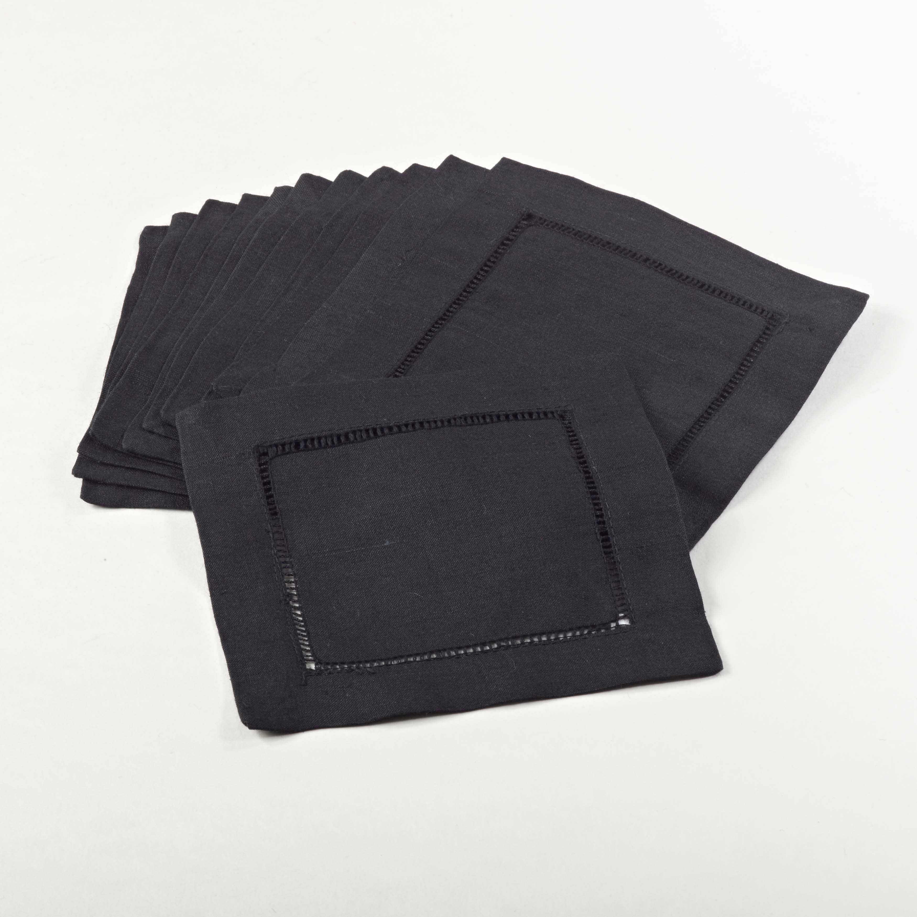 Black Hemstitched Cocktail Napkin Set of 6